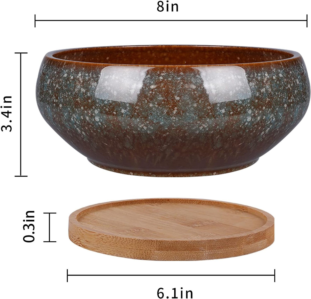 8 Inch Ceramic Bonsai Planter Pot, Glazed Shallow Succulent Planter with Drainage Hole and Bamboo