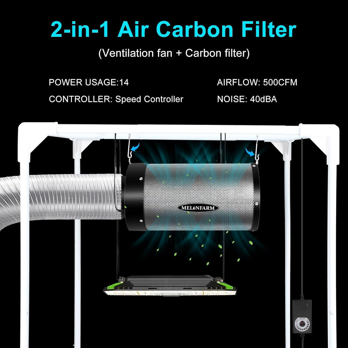 MELONFARM Air Filtration Kit 4", Built-in 14cm Fan Low Nois Carbon Filter with 12-Speed Controller