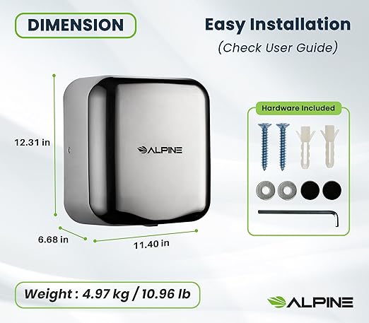 Alpine Automatic Hand Dryers for Bathrooms Commercial High Speed 110-120V Stainless Steel Electric