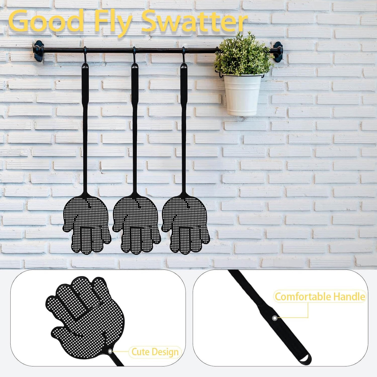 Fly Swatter Heavy Duty for Indoors – Hand-Shaped Flyswatter with Non-Slip Grip, Flexible 3-Pack Bug