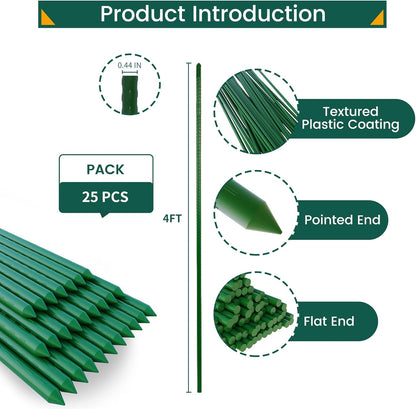 48 Inch 4 Ft Plant Support Garden Stakes 25 PCS, Sturdy Steel Plastic Coated Sticks for Outdoor