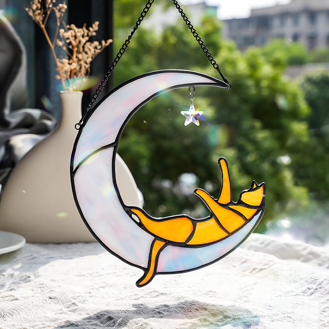 Orange Cat on Moon Stained Glass Suncatchers Star Crystal Decor,Rainbow Stained Glass Window