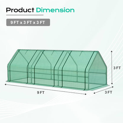 BPS 9x3x3 ft Mini Greenhouse with Green PE Cover UV-Protected Roll-Up Zipper Doors, Ideal for