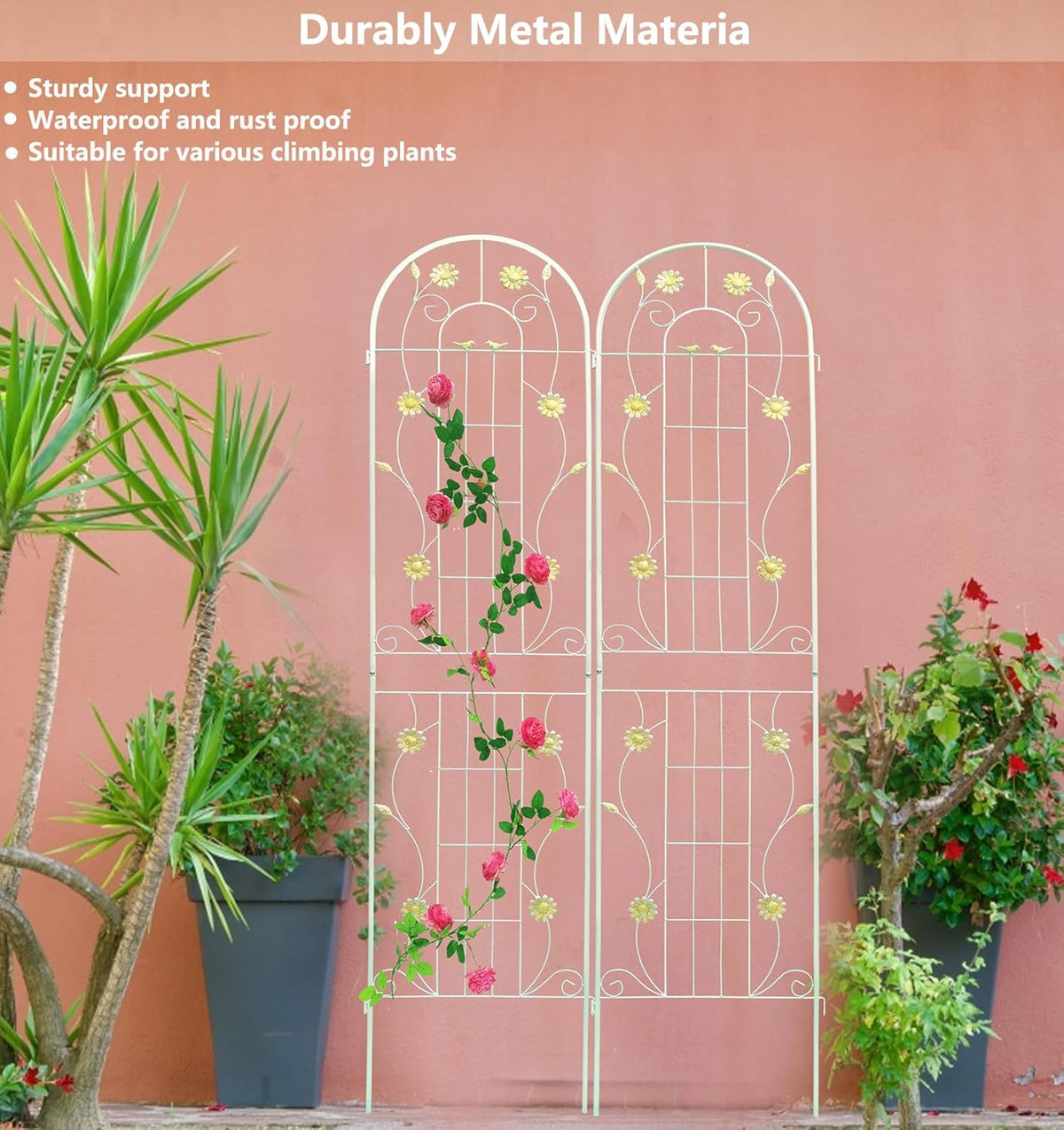 2 Pack Metal Garden Trellis 86.7" H Garden Fence Rustproof Trellis Cream White for Climbing Plants