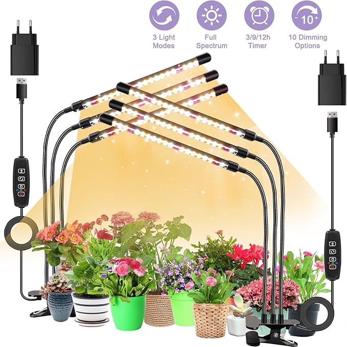 3head Plant Lights, 2Pack Grow Lights for Seed Starting, Full Spectrum Growing Lamps with Clip for