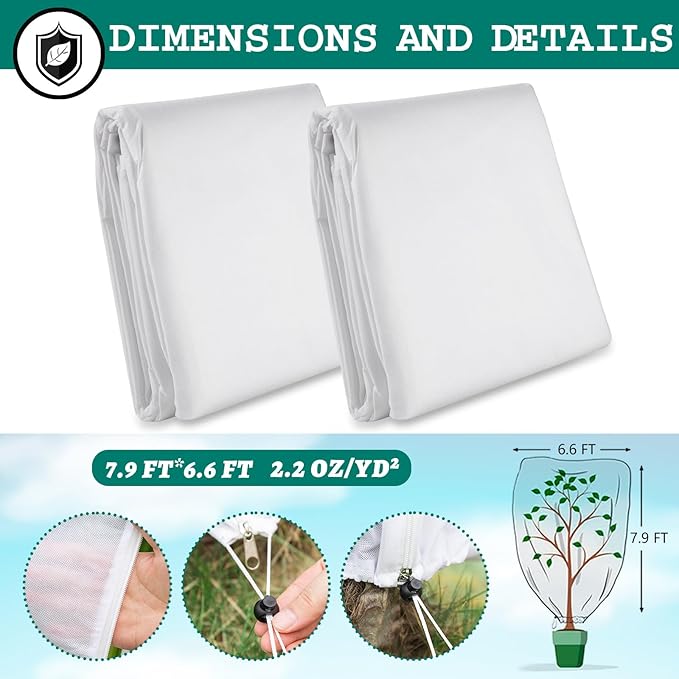 2 Pcs Tree Covers for Winter, Plant Covers Freeze Protection with Drawstring and Zipper, 2.5 oz/yd²