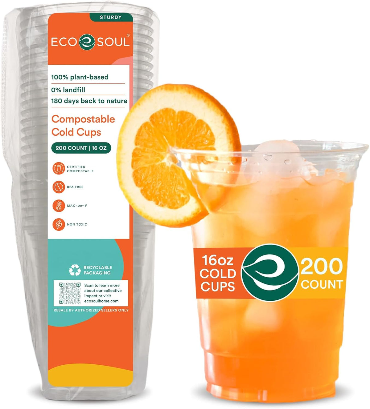 ECO SOUL 100% Compostable, Disposable Party Cups | Eco-friendly Party Cups | (200 Count, 16 oz Cold