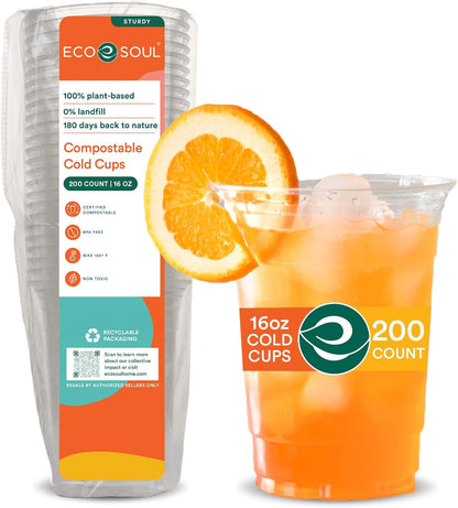 ECO SOUL 100% Compostable, Disposable Party Cups | Eco-friendly Party Cups | (200 Count, 16 oz Cold