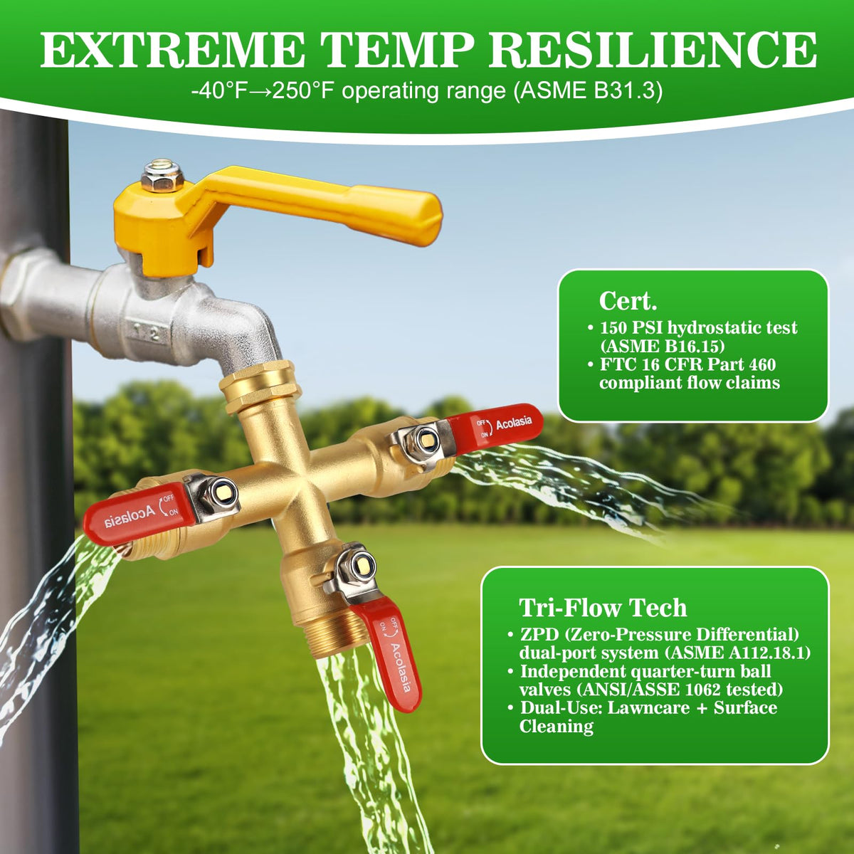 Hose Splitter 3 Way Heavy Duty Brass Garden Hose Splitter with 304 Stainless Steel Long Handle