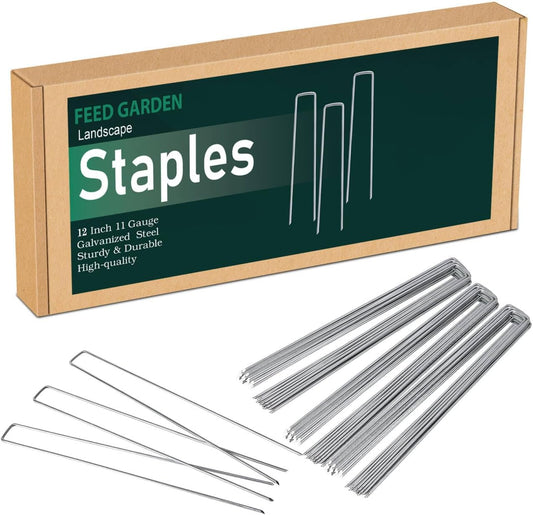FEED GARDEN 12 Inch 100 Pack Galvanized Landscape Staples 11 Gauge Anti-Rust Garden Stakes