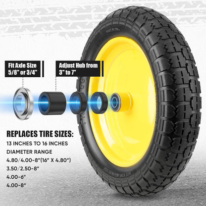 TICONN 4.80/4.00-8 Tire, 16" Flat Free Wheelbarrow Tire and Wheel, Solid Replacement Tires with 3"
