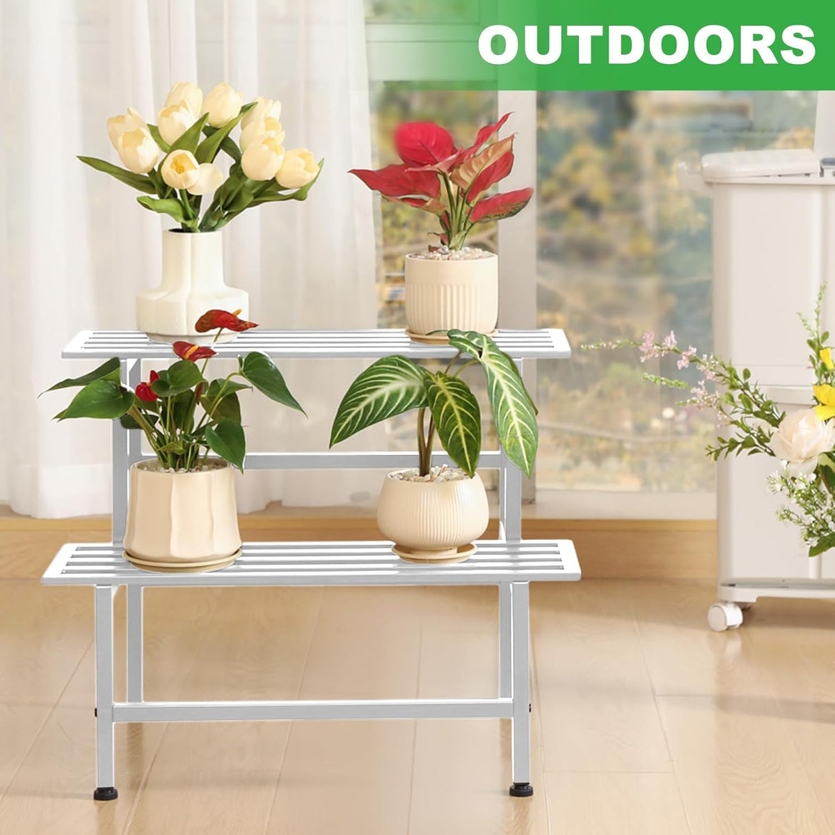 Metal Plant Stand Outdoor Plant Shelf Indoor,2 Tier Heavy Duty Ladder Plant Stands for Multiple