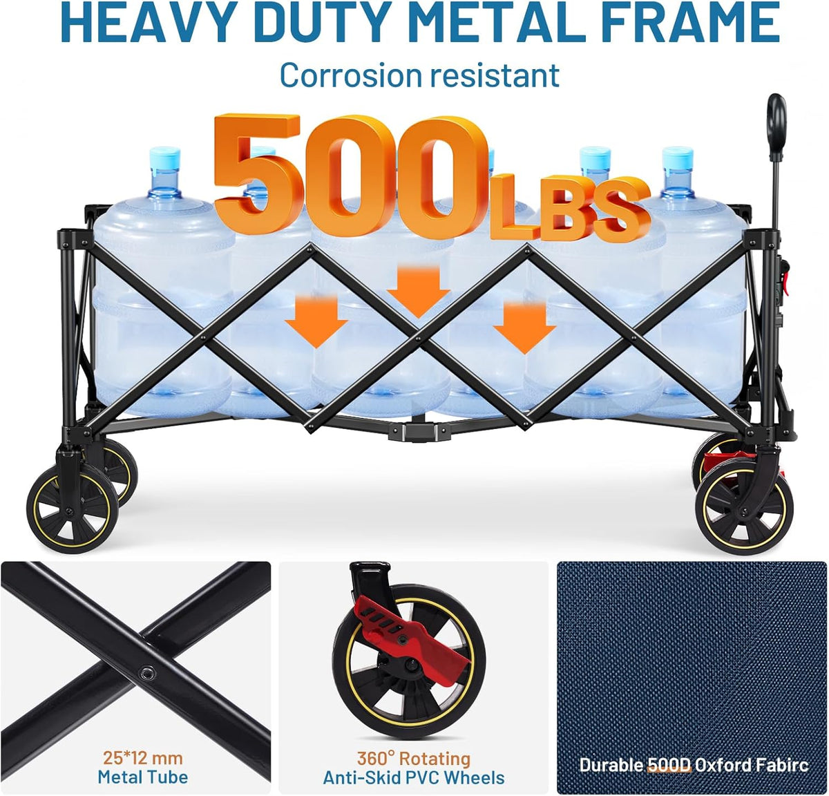 TIMBER RIDGE 51.2'' Extended Collapsible Wagon Cart with Brakes and Cargo Net, 500LBS Heavy Duty