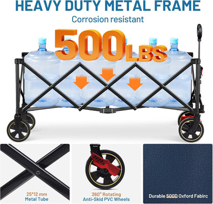 TIMBER RIDGE 51.2'' Extended Collapsible Wagon Cart with Brakes and Cargo Net, 500LBS Heavy Duty