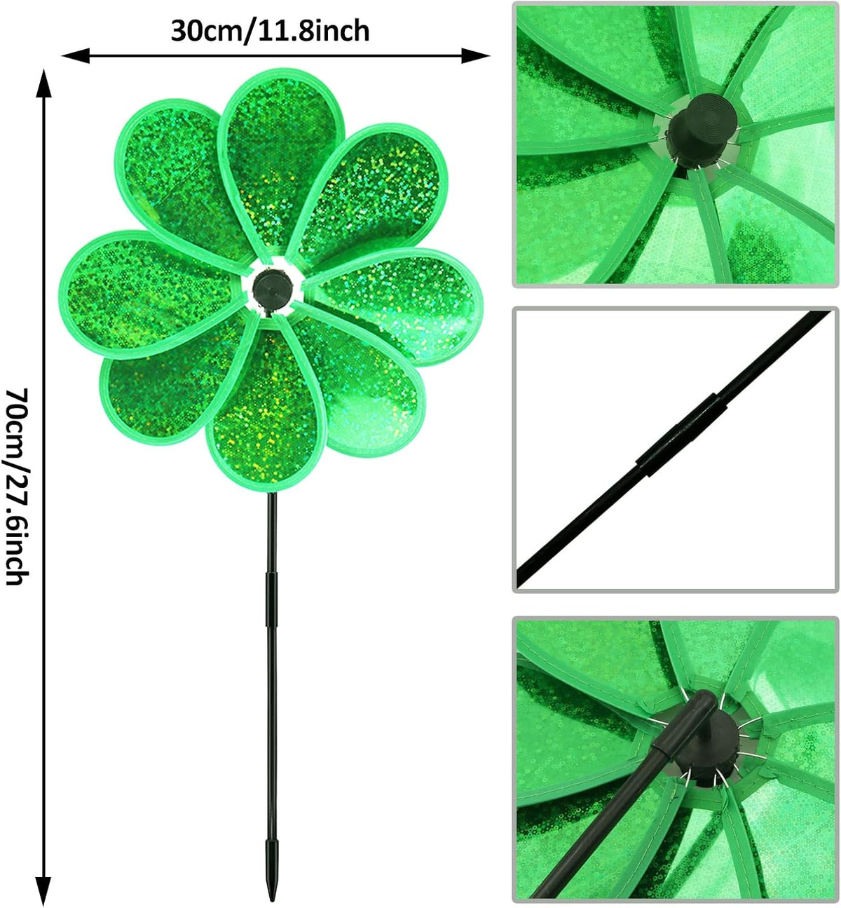4PCS Flower Wind Spinner Sparkly Lawn Pinwheel 11.8 inch Green Garden Windmill for Christmas