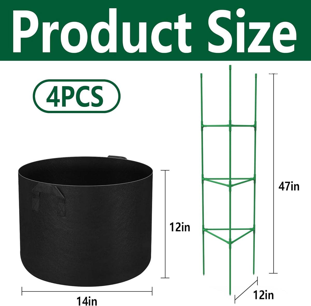 4 Packs 47 x 12 Inch Garden Tomato Cages with Grow Bags- Triangle Plant Support Trellis Assembled