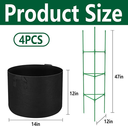 4 Packs 47 x 12 Inch Garden Tomato Cages with Grow Bags- Triangle Plant Support Trellis Assembled