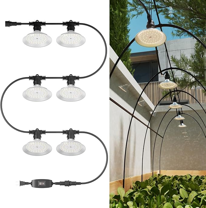 6-Light Outdoor LED Grow Lights – Waterproof Full Spectrum Greenhouse Lights for Plants, 21.3FT