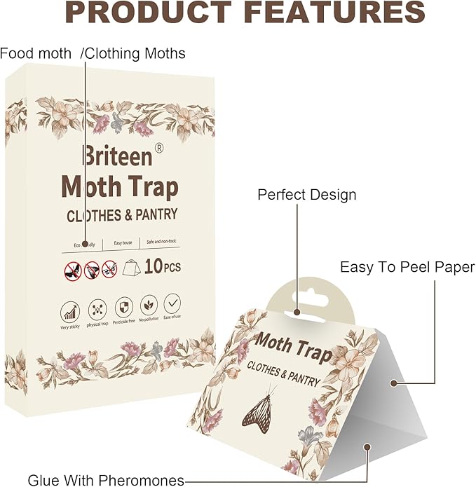 Pantry Moth Traps 10-Pack Safe and Effective for Food and Clothing- Glue Traps with Pheromones for