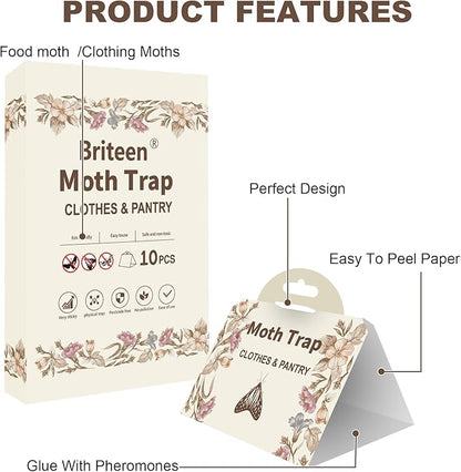 Pantry Moth Traps 10-Pack Safe and Effective for Food and Clothing- Glue Traps with Pheromones for