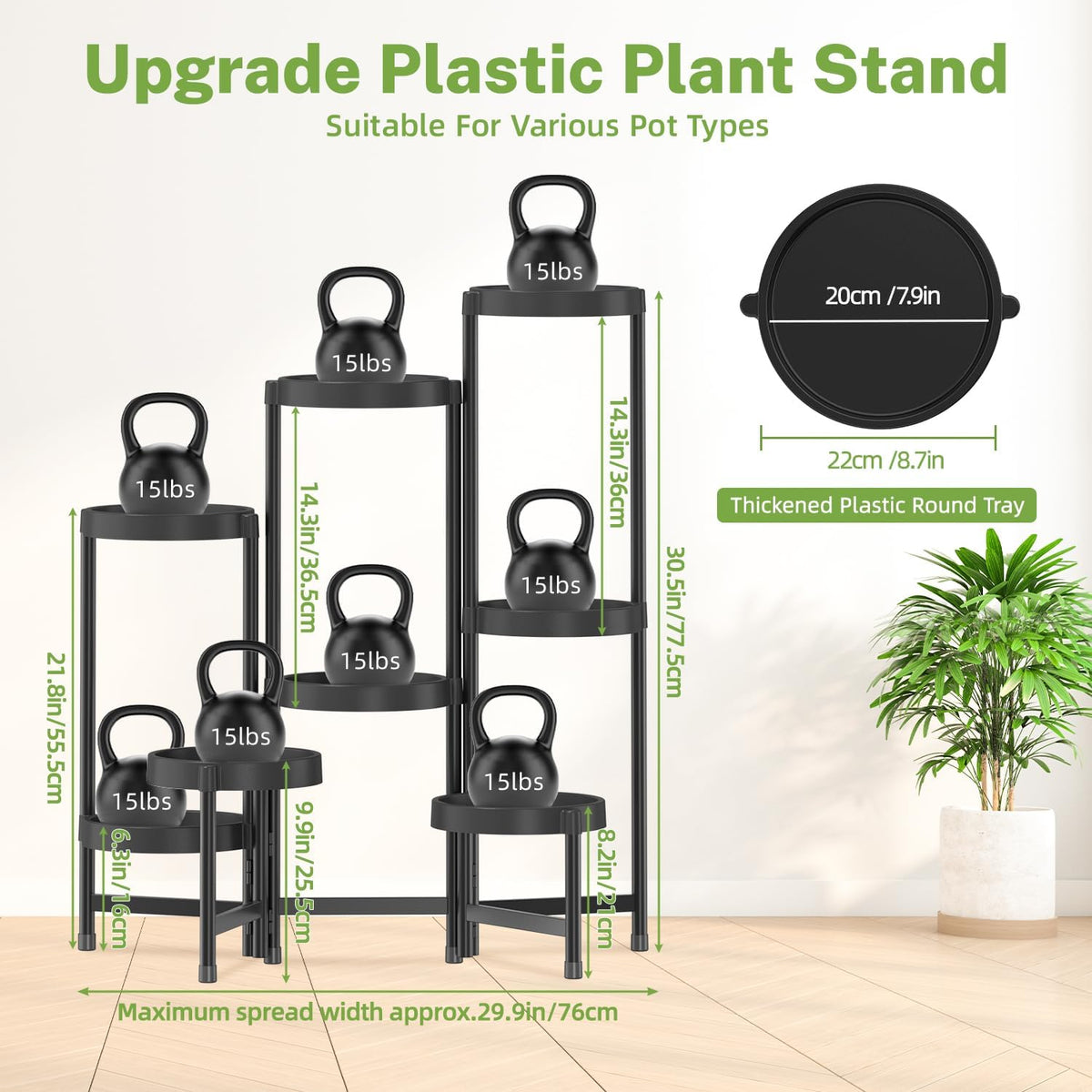 iDavosic.ly 8 Tier Folding Plant Stand Indoor Outdoor with Plastic Tray, Tiered Corner Flower