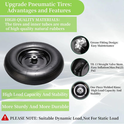 RRQ (2 Pack) 4.80/4.00-8 Tire and Wheel, 16" Pneumatic Wheelbarrow Tires with 3" Centered Hub and