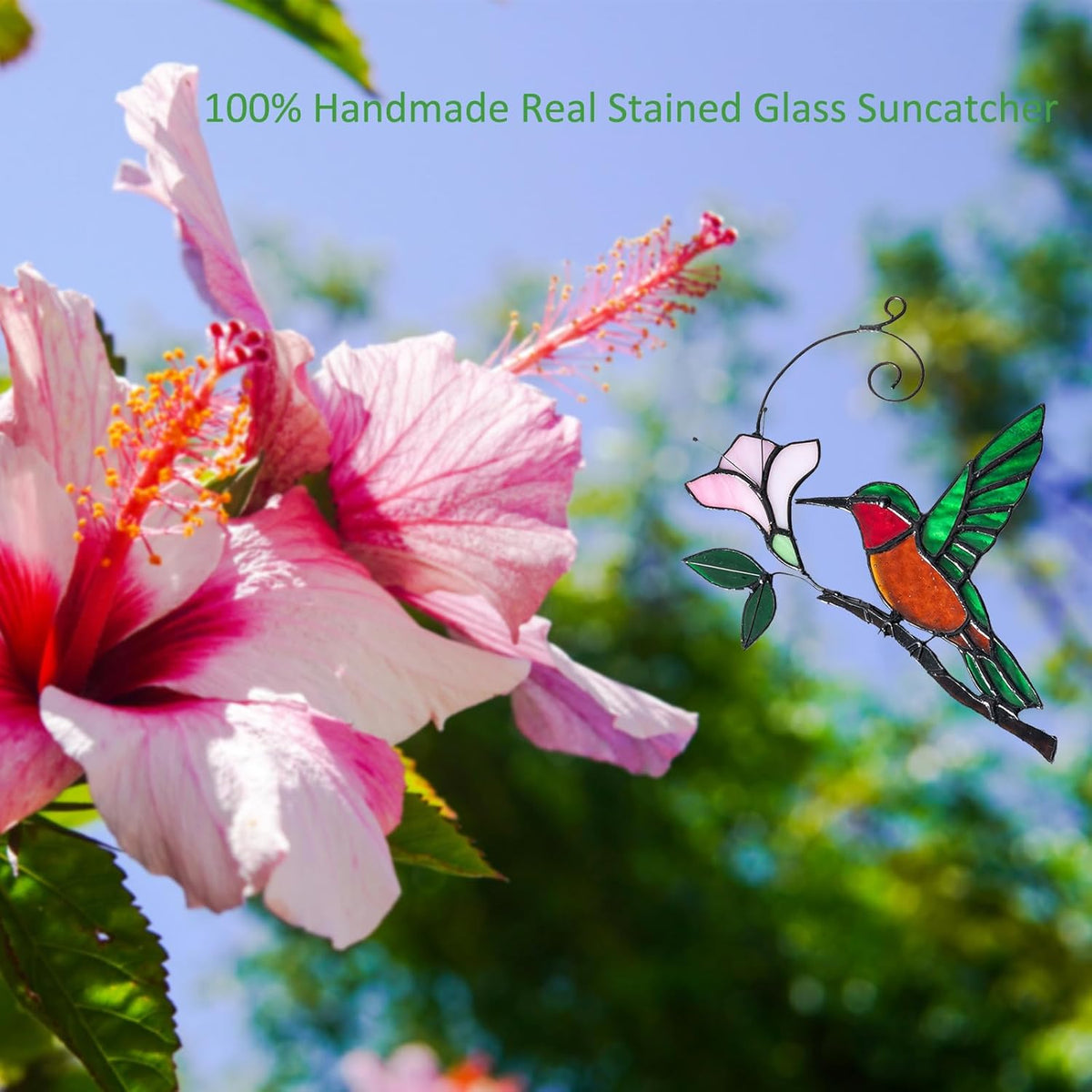 Handmade Stained Glass Hummingbird on Branch Colorful Glass Bird Suncatcher for Indoor Window Decor