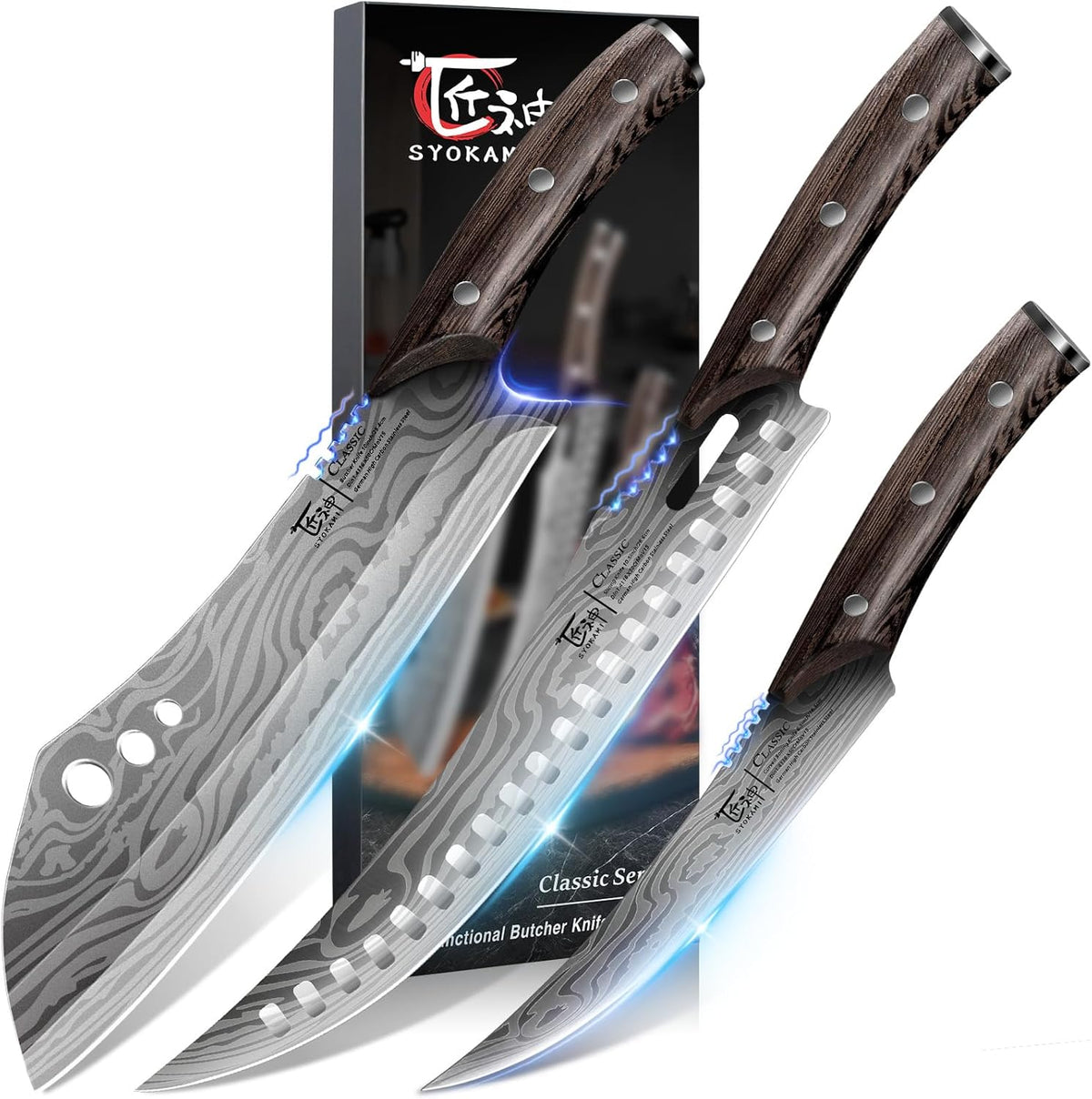 Butcher Knife Set, 3 PCS Kitchen Knives Set for Cutting, Meat Cleaver Chef Knife Set, Japanese