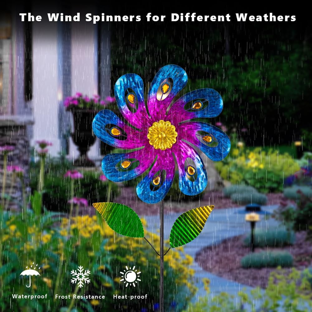 2 Packs Wind Spinners Outdoor, Metal Wind Sculptures & Spinners with Stake, Colorful Flower
