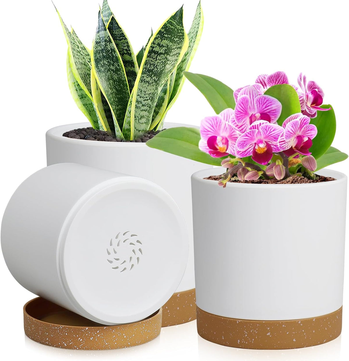 3 Pack 6/5/4 inch Cylindrical Flower Pots, Modern Small Round Plastic Plant Pots with Drainage