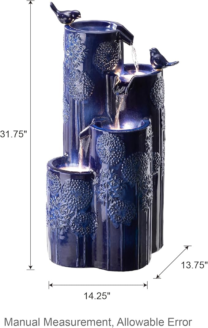 Glitzhome 32" H Outdoor Water Fountain with LED Lights and Pump, 4 Tier Ceramic Cobalt Blue
