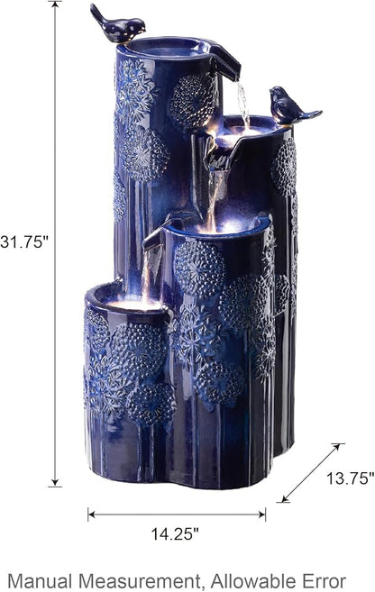 Glitzhome 32" H Outdoor Water Fountain with LED Lights and Pump, 4 Tier Ceramic Cobalt Blue