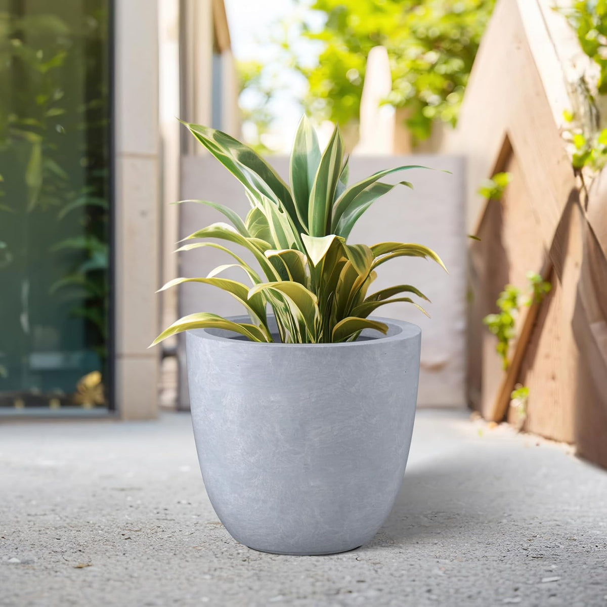 Kante 10 Inch Dia Round Concrete Planter, Indoor Outdoor Large Plant Pot with Drainage Hole and