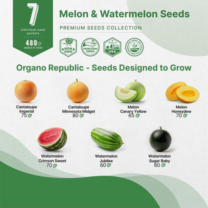 Organo Republic 7 Melon & Watermelon Seeds Variety Pack 480+ Non-GMO Heirloom Fruit Seeds for
