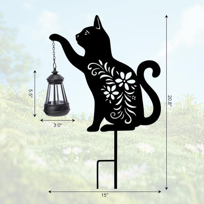 Afirst Solar Outdoor Garden Stake Solar Cat Decorative Stake Light with Lantern Decorative Lights