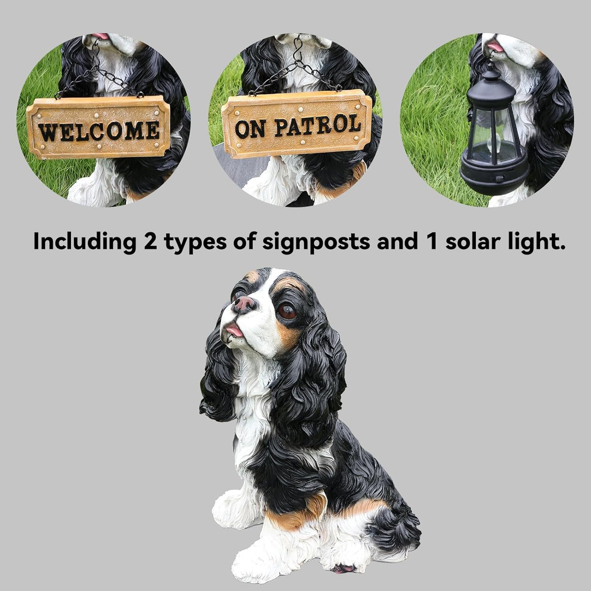 Cavalier King Charles Spaniel Outdoor Dog Statue with Reversible “Welcome/ON Patrol” Hanging Plaque