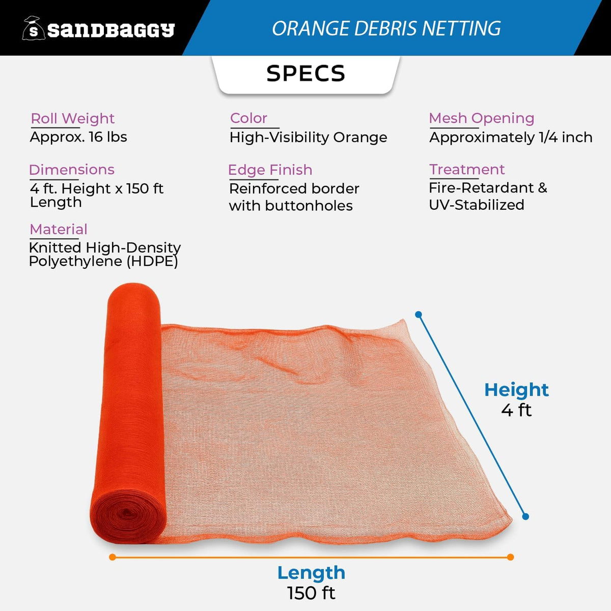 Sandbaggy Fire Resistant Debris & Safety Netting | Orange Construction HDPE Mesh (4, 4 ft x 150 ft)
