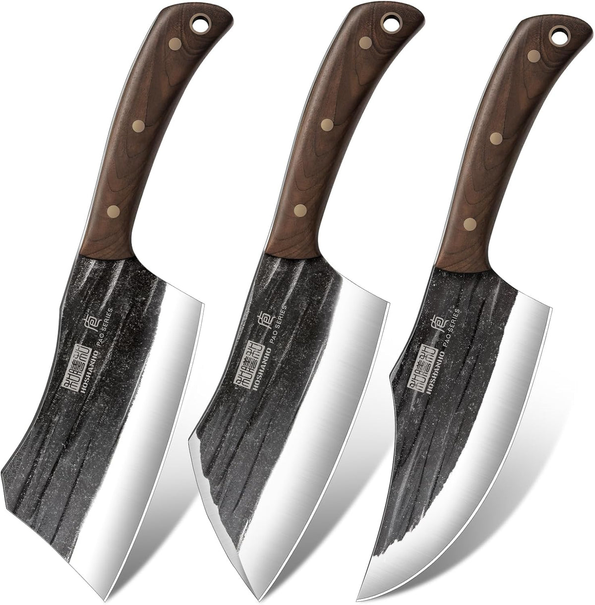 HOSHANHO Butcher Knife Set, 3-Piece High Carbon Steel Serbian Chef Knife Set of Heavy Duty Boning