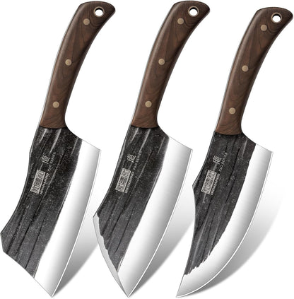 HOSHANHO Butcher Knife Set, 3-Piece High Carbon Steel Serbian Chef Knife Set of Heavy Duty Boning