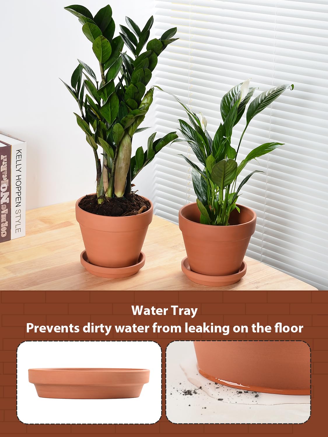 INGOFIN Terracotta Pots Set with Saucer - 2-Pack Ceramic Clay Planters with Drainage Hole, Garden