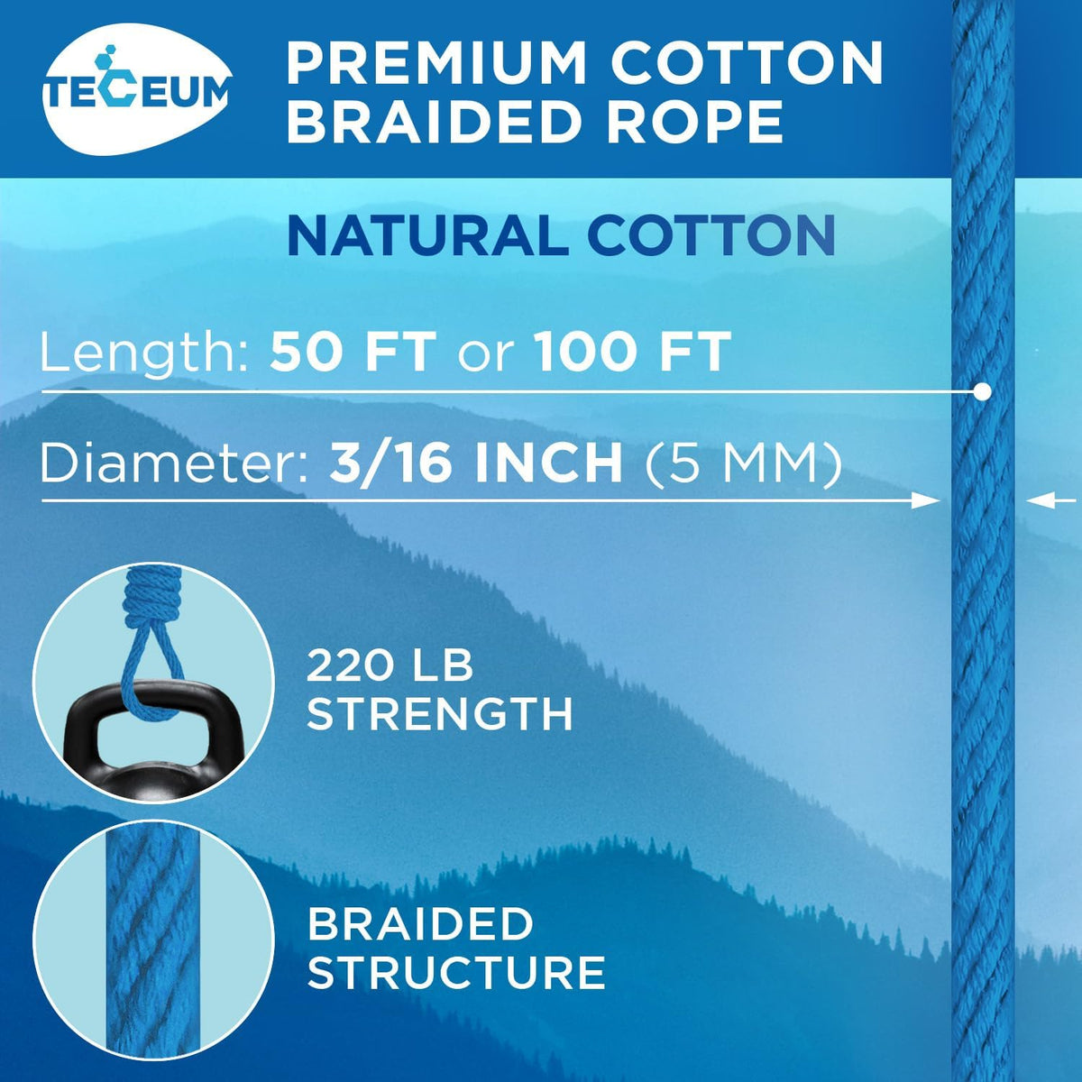 TECEUM Cotton Rope 3/16” (5 mm) – 50 FT – Strong All-Purpose Braided Rope – Natural Cotton – for