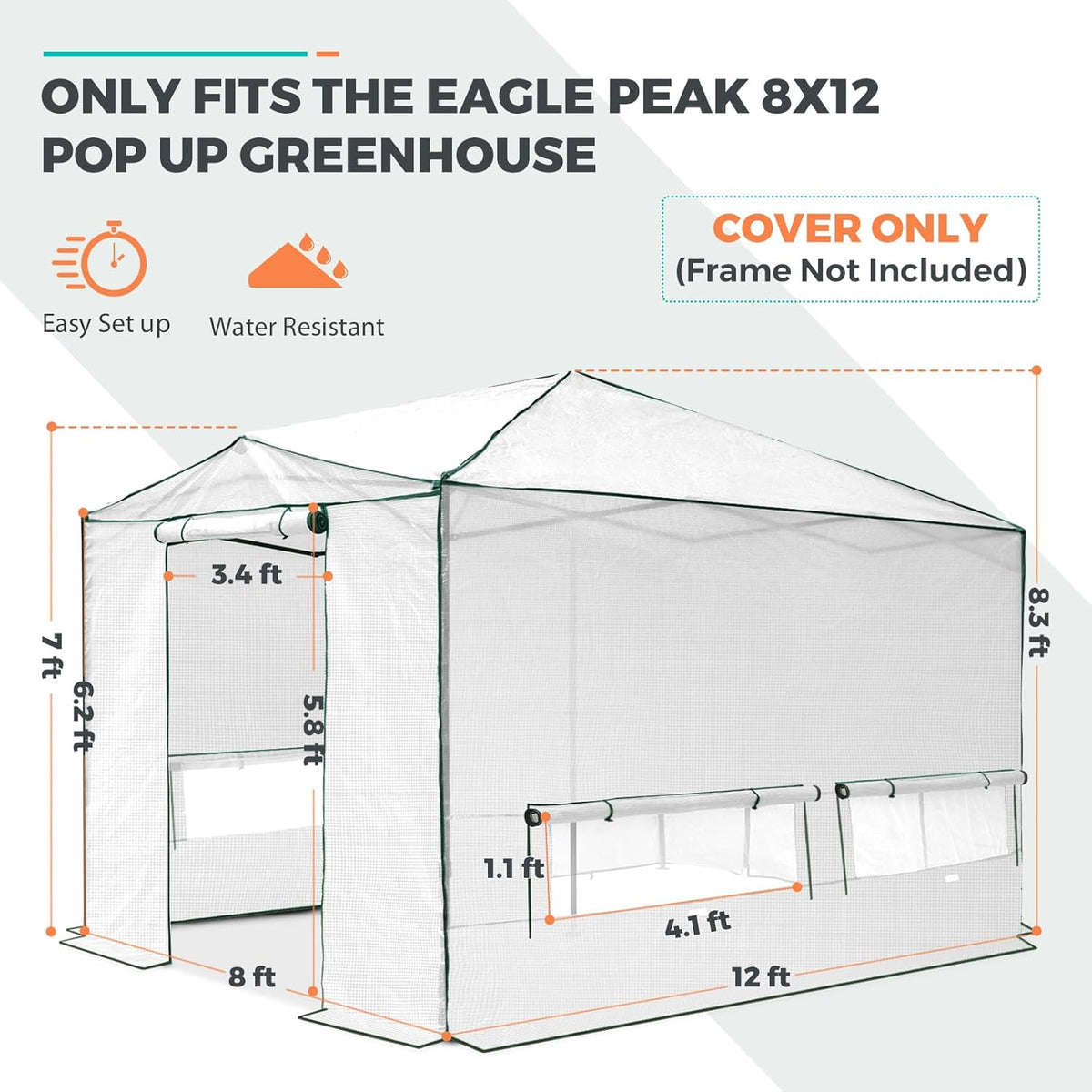 EAGLE PEAK Replacement Cover for 12x8 Portable Walk-in Pop up Greenhouse, Front and Rear Roll-Up