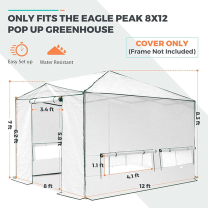 EAGLE PEAK Replacement Cover for 12x8 Portable Walk-in Pop up Greenhouse, Front and Rear Roll-Up