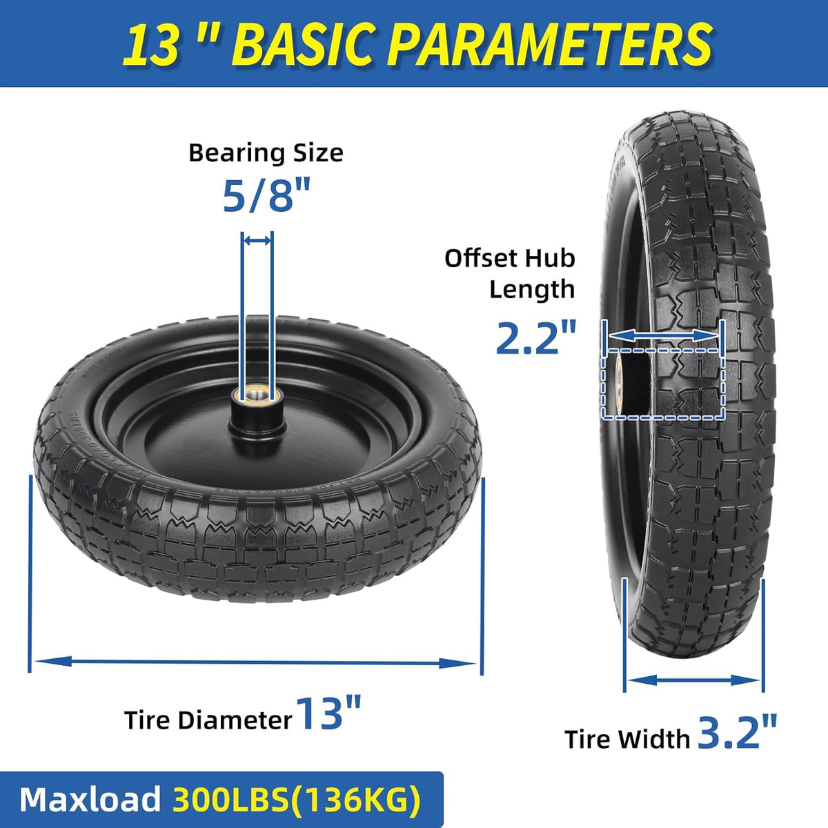 13" Flat-free Solid Tire and Wheel Replacement, with 5/8" Axle Bore Hole, 2.2" Offset Hub for