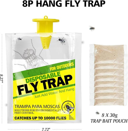8 Pack Outdoor Hanging Fly Traps, Disposable Flies Killer Trap Bag Catcher with Natural Attractant