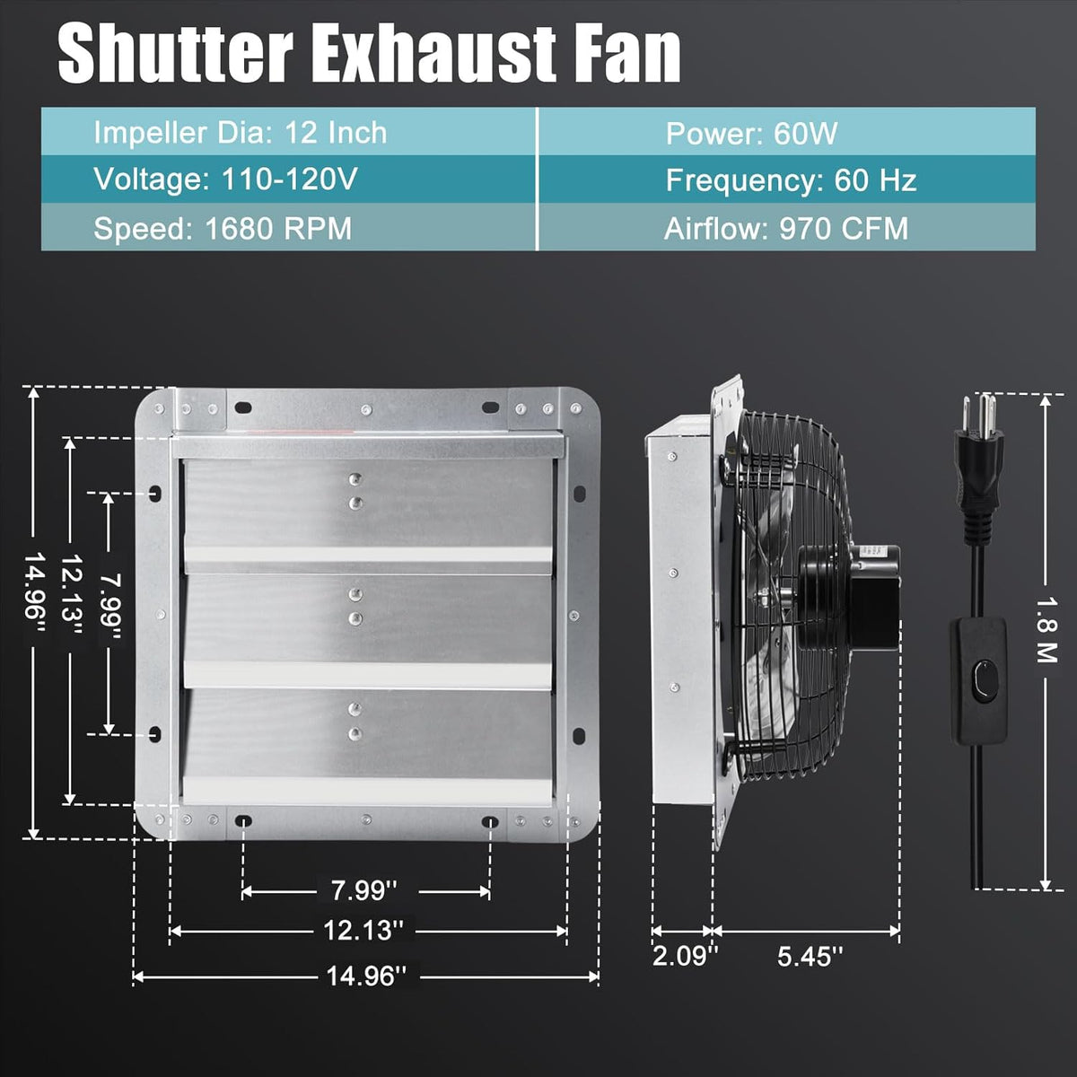 12 Inch Shutter Exhaust Fan for Garage, Greenhouse, Attic, Chicken Coop, Shop, Shed, Basement