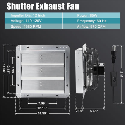 12 Inch Shutter Exhaust Fan for Garage, Greenhouse, Attic, Chicken Coop, Shop, Shed, Basement