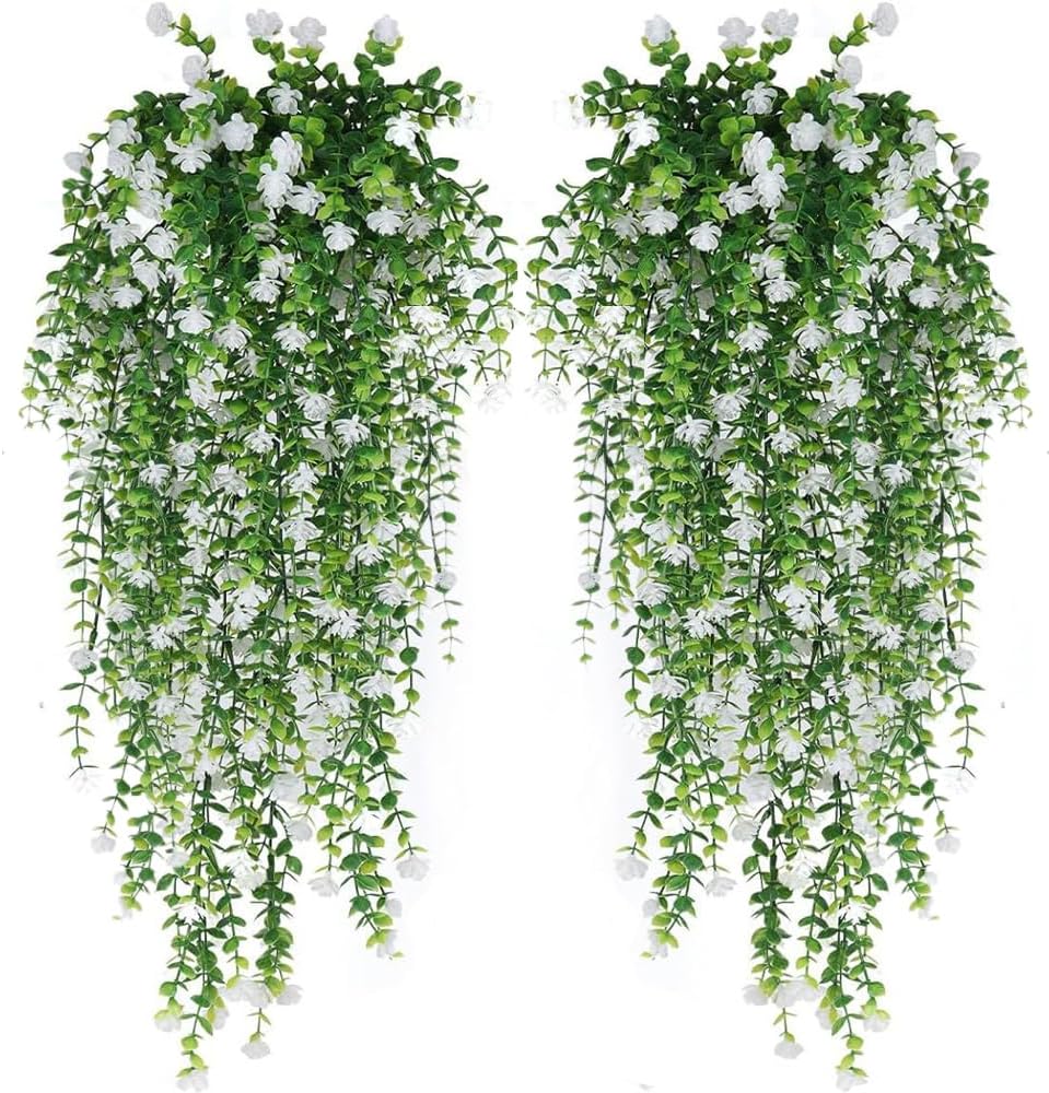 WEISPARK Artificial Hanging Flowers, 4pcs Fake Eucalyptus Vine Faux Flower Greenery Garland Plastic