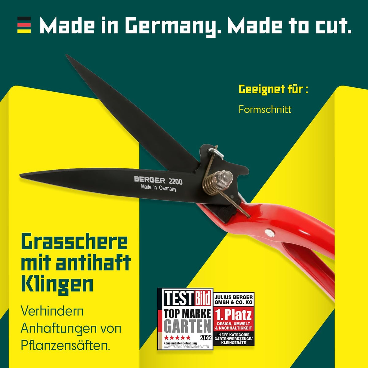 BERGER Commercial Grade Grass Shears, Self-Sharpening Steel Blades with Anti-Stick Coating, Forged