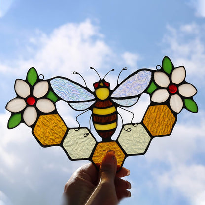 Bee Decor Stained Glass Window Hanging,Honeybee Honeycomb with Flowers Suncatcher for Window,Wall